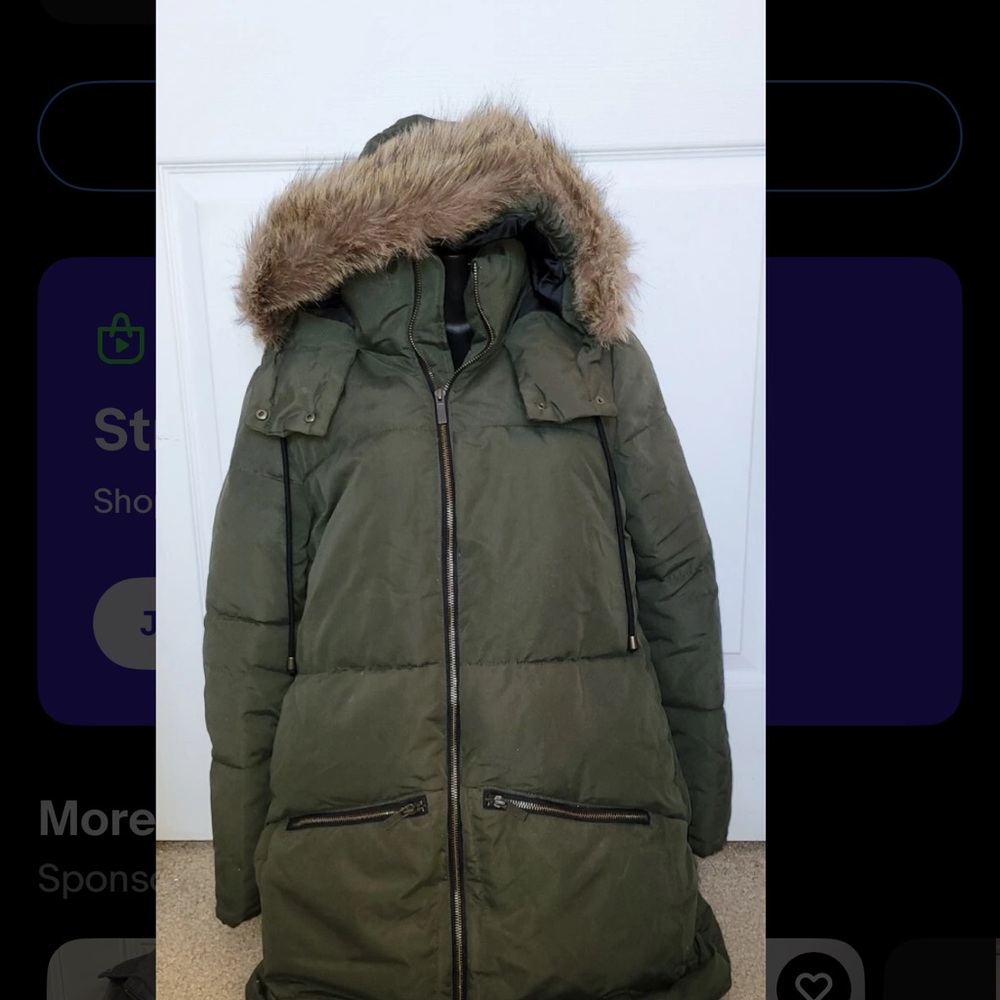 Women's old Navy Olive Green Puffer Coat with Faux Fur Hood- Small